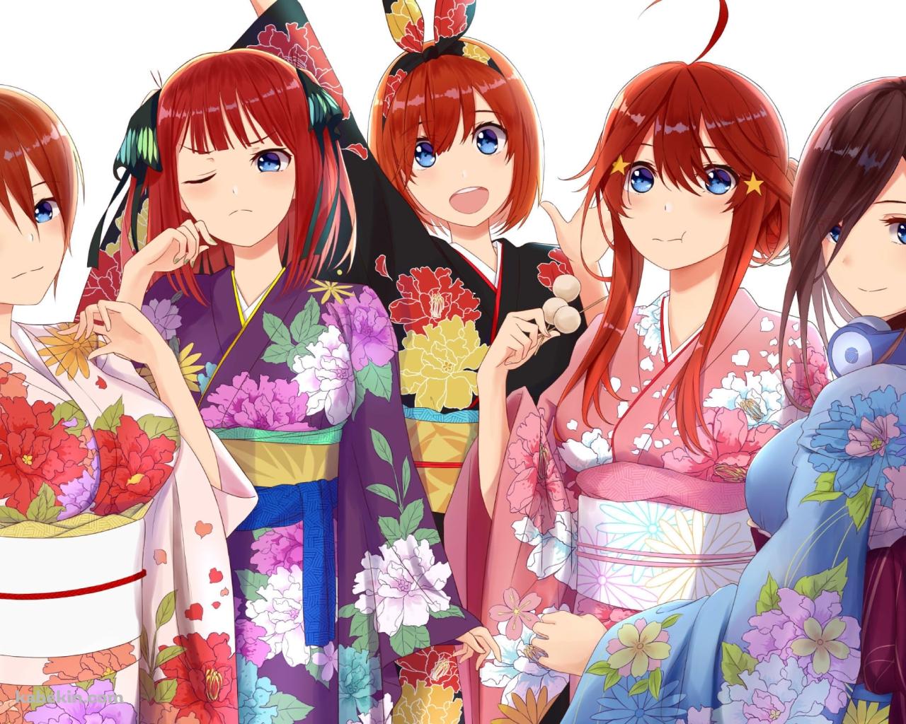 着物を着た中野三玖、中野二乃、中野一花、中野五月、中野四葉 / 五等分の花嫁の壁紙(1280px x 1024px) 高画質 PC・デスクトップ用
