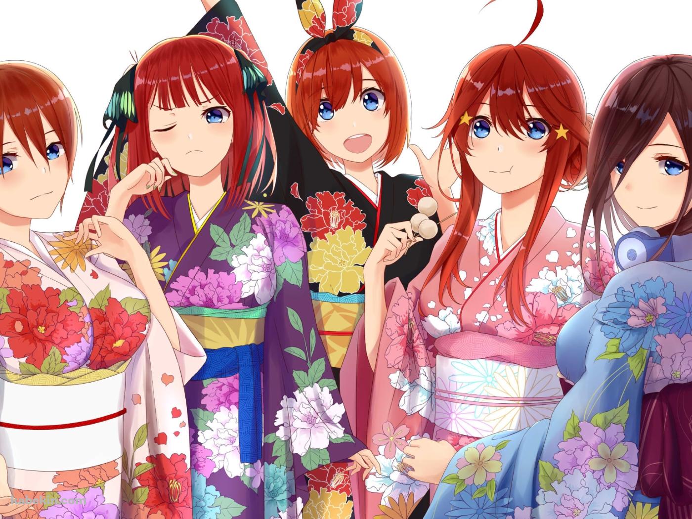 着物を着た中野三玖、中野二乃、中野一花、中野五月、中野四葉 / 五等分の花嫁の壁紙(1400px x 1050px) 高画質 PC・デスクトップ用