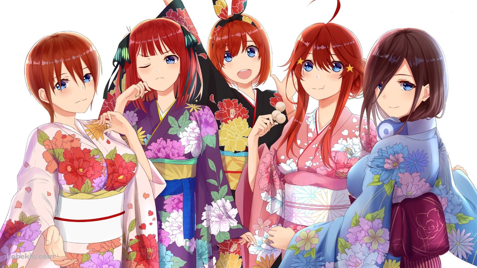 着物を着た中野三玖、中野二乃、中野一花、中野五月、中野四葉 / 五等分の花嫁の壁紙(1536px x 864px) 高画質 PC・デスクトップ用