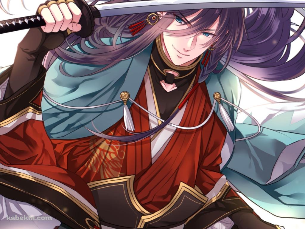 右手で刀をかざすかっこいい和泉守兼定(いずみのかみ かねさだ) / 長髪 / かっこいい / 刀剣乱舞の壁紙(1024px x 768px) 高画質 PC・デスクトップ用