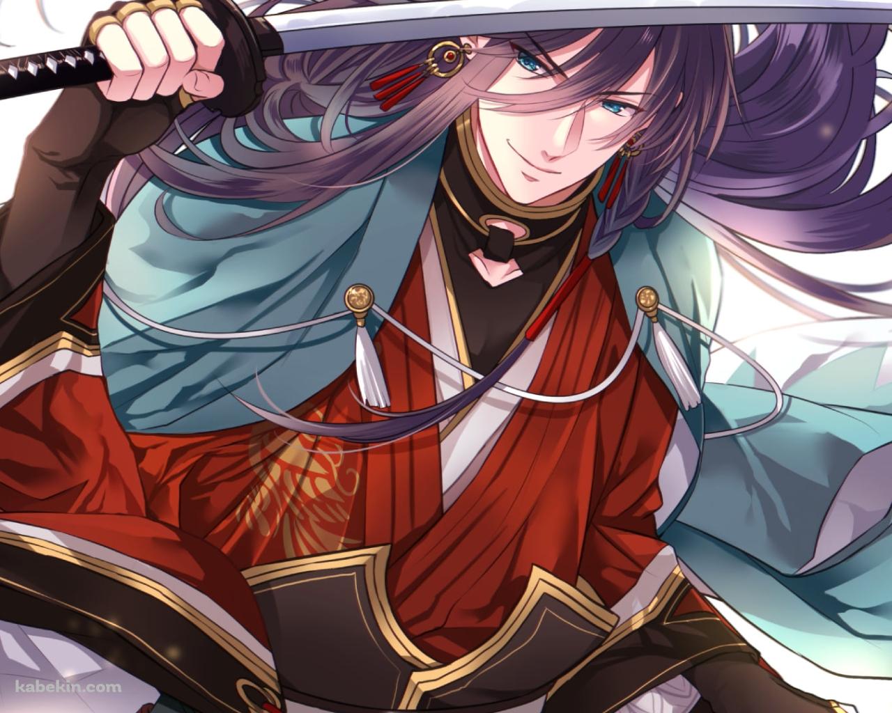 右手で刀をかざすかっこいい和泉守兼定(いずみのかみ かねさだ) / 長髪 / かっこいい / 刀剣乱舞の壁紙(1280px x 1024px) 高画質 PC・デスクトップ用