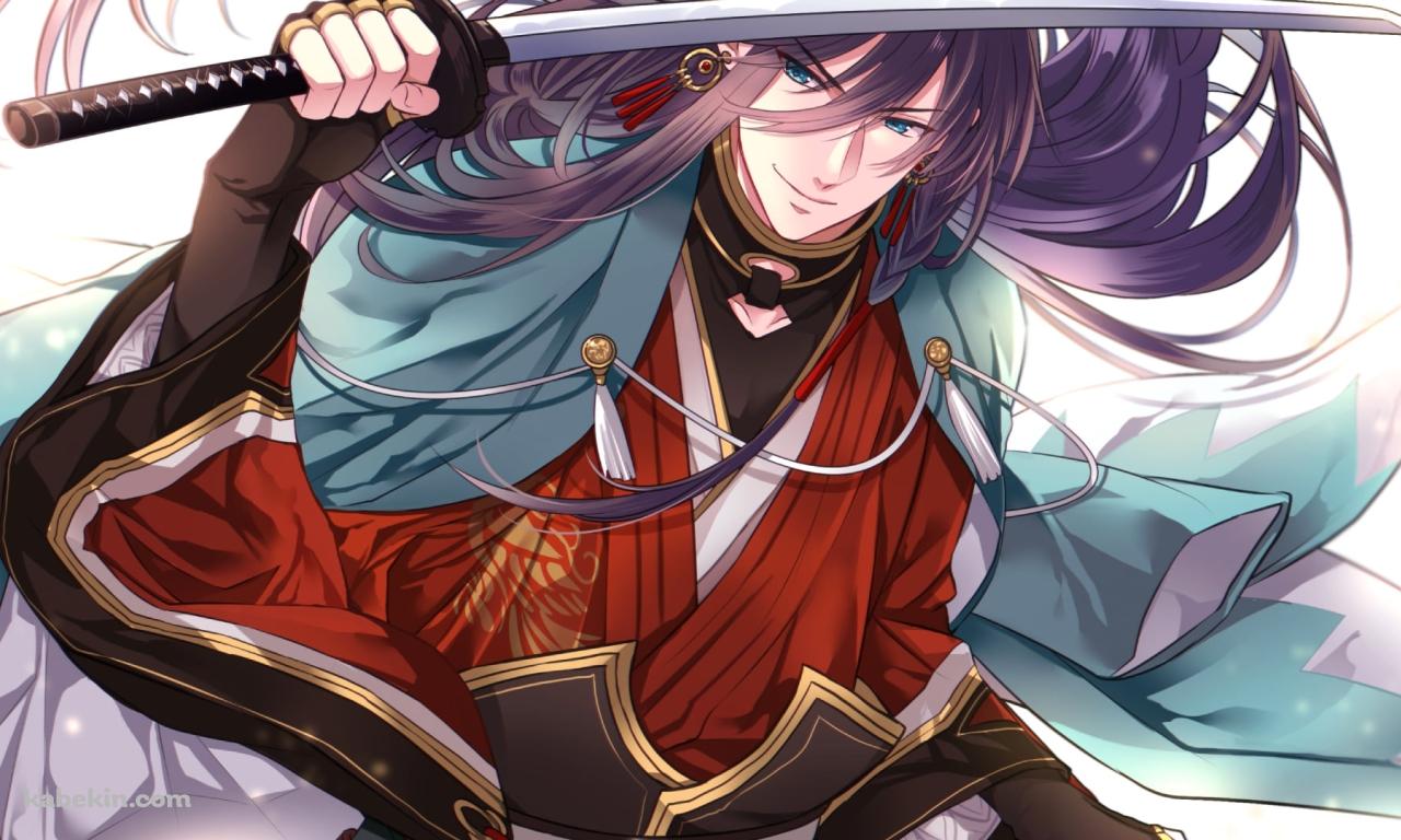 右手で刀をかざすかっこいい和泉守兼定(いずみのかみ かねさだ) / 長髪 / かっこいい / 刀剣乱舞の壁紙(1280px x 768px) 高画質 PC・デスクトップ用