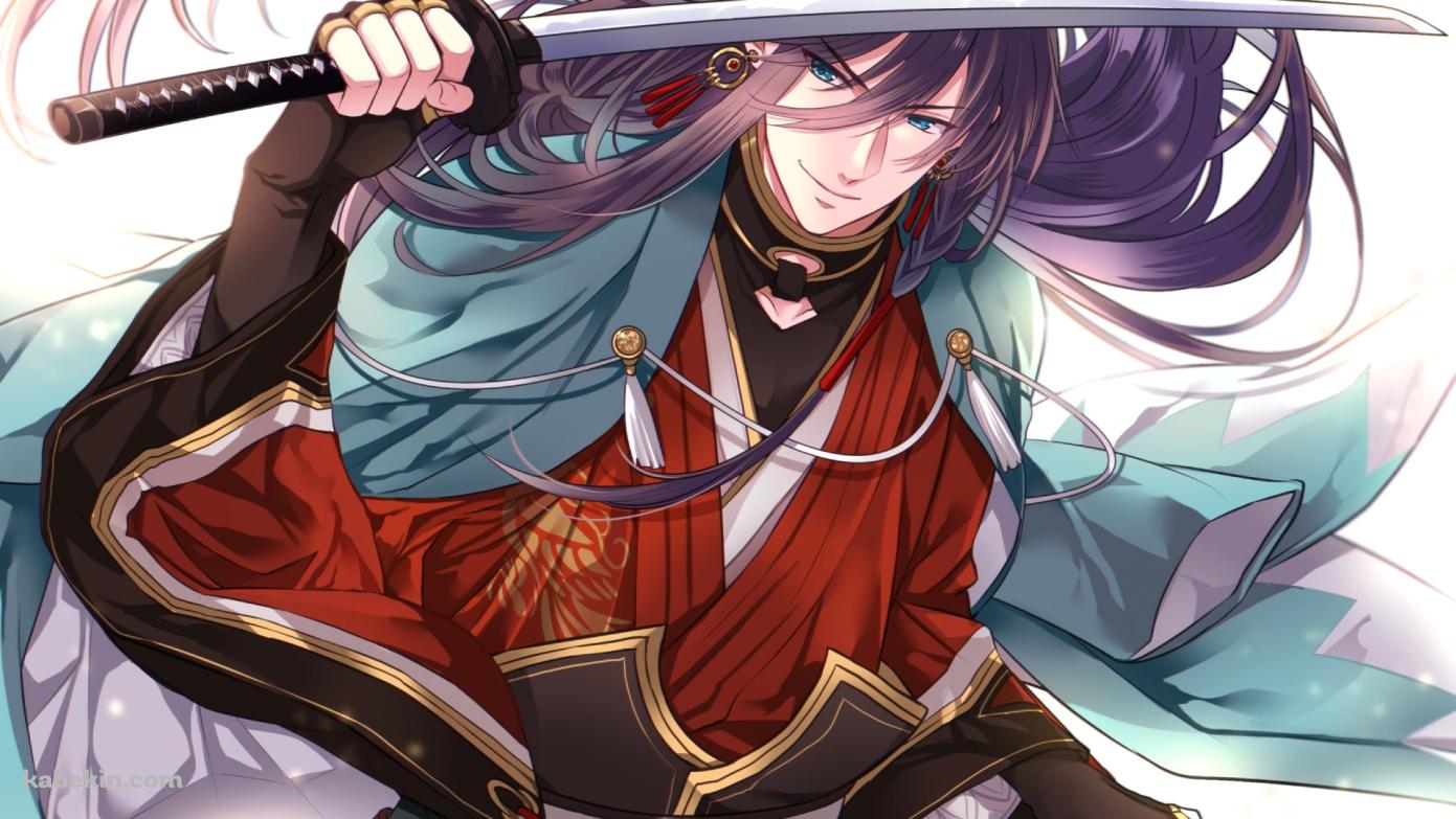 右手で刀をかざすかっこいい和泉守兼定(いずみのかみ かねさだ) / 長髪 / かっこいい / 刀剣乱舞の壁紙(1391px x 783px) 高画質 PC・デスクトップ用