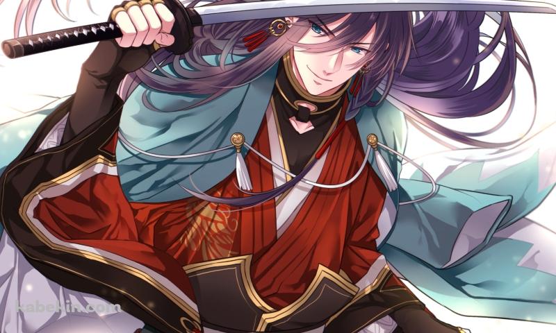 右手で刀をかざすかっこいい和泉守兼定(いずみのかみ かねさだ) / 長髪 / かっこいい / 刀剣乱舞の壁紙(800px x 480px) 高画質 PC・デスクトップ用