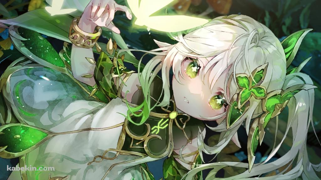 光る蝶と可愛いナヒーダ / キラキラした緑の瞳 / 原神の壁紙(1024px x 576px) 高画質 PC・デスクトップ用