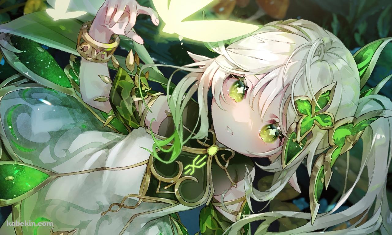 光る蝶と可愛いナヒーダ / キラキラした緑の瞳 / 原神の壁紙(1280px x 768px) 高画質 PC・デスクトップ用