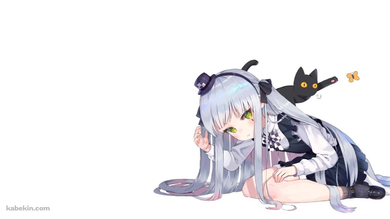 しゃがんでいる可愛いHK416と黒猫 / ドールズフロントラインの壁紙(1366px x 768px) 高画質 PC・デスクトップ用