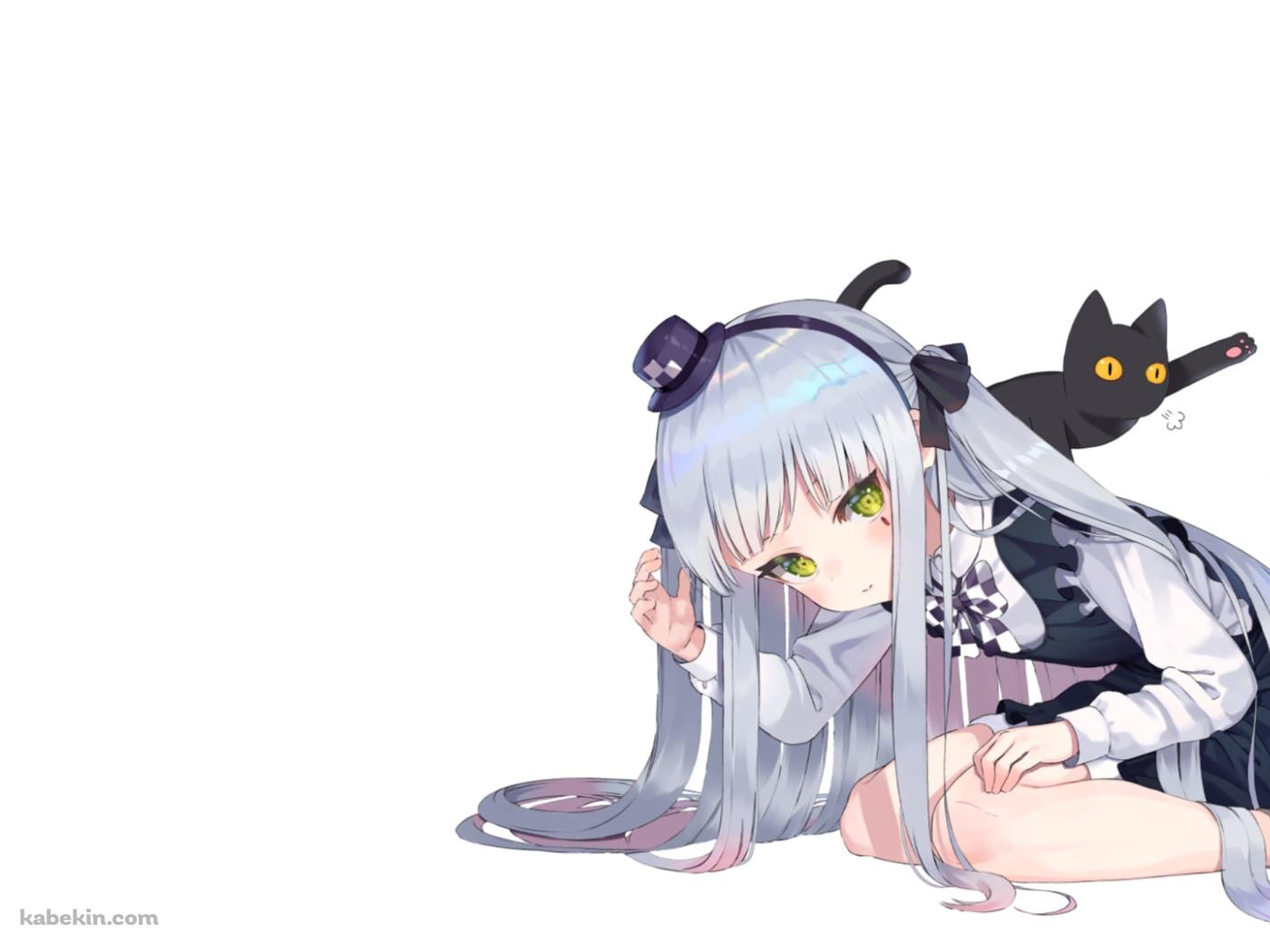 しゃがんでいる可愛いHK416と黒猫 / ドールズフロントラインの壁紙(1400px x 1050px) 高画質 PC・デスクトップ用