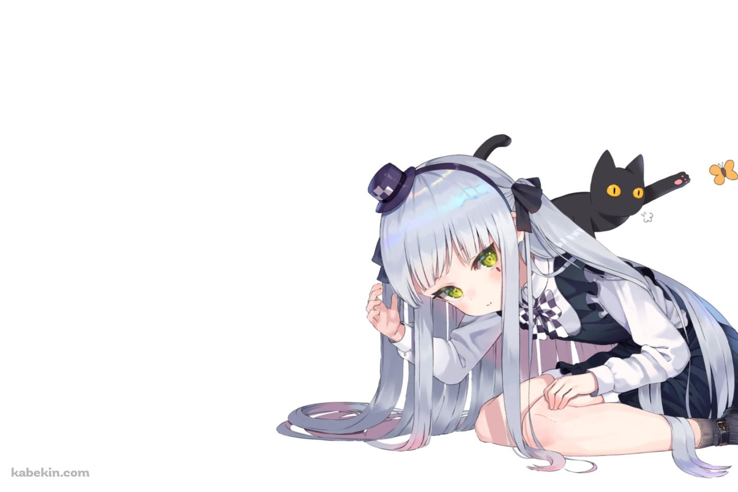 しゃがんでいる可愛いHK416と黒猫 / ドールズフロントラインの壁紙(1440px x 960px) 高画質 PC・デスクトップ用