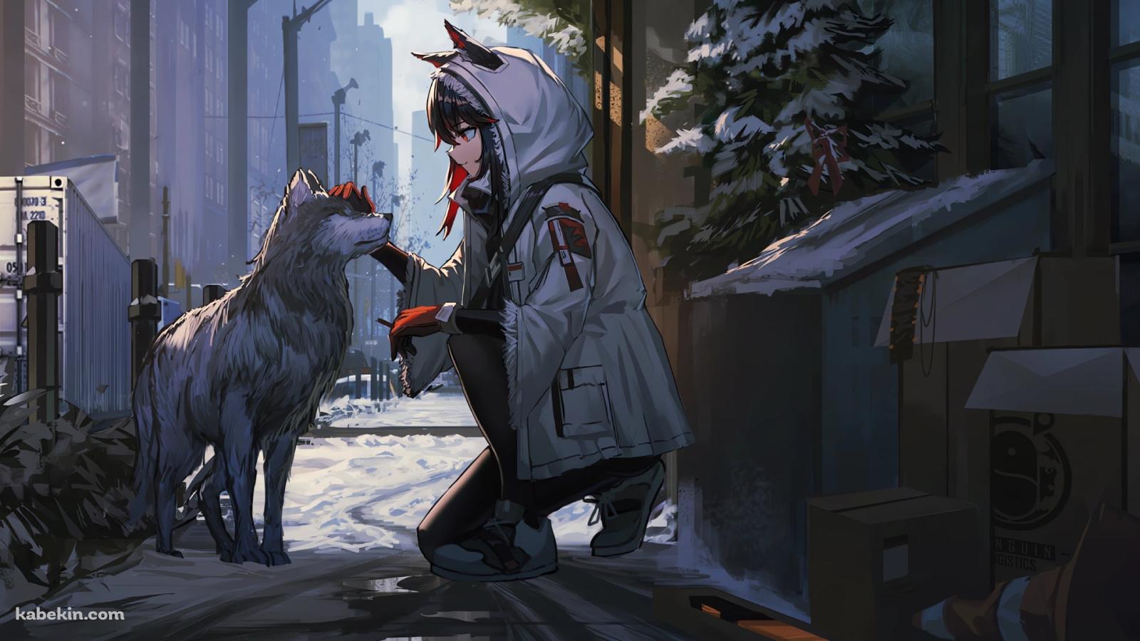 しゃがんで狼をなでるテキサス / 横顔 / 路地裏 / アークナイツの壁紙(1600px x 900px) 高画質 PC・デスクトップ用