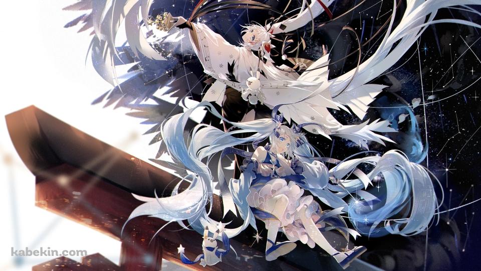 鳥居の上に座る雪ミクとラビット・ユキネ / 初音ミク / 星座 / ボカロ / ボーカロイドの壁紙(960px x 540px) 高画質 PC・デスクトップ用