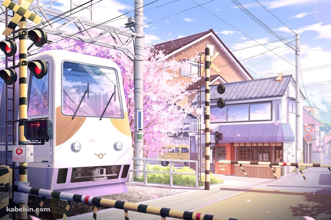 踏切を通過する電車 / 満開の桜 / 街並み / 電柱 / 春(1152x768px)のデスクトップPC用の壁紙 | 高画質 | 壁紙キングダム