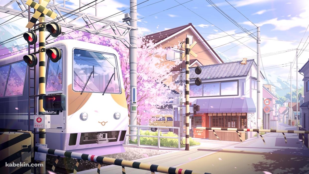 踏切を通過する電車 / 満開の桜 / 街並み / 電柱 / 春の壁紙(1242px x 698px) 高画質 PC・デスクトップ用