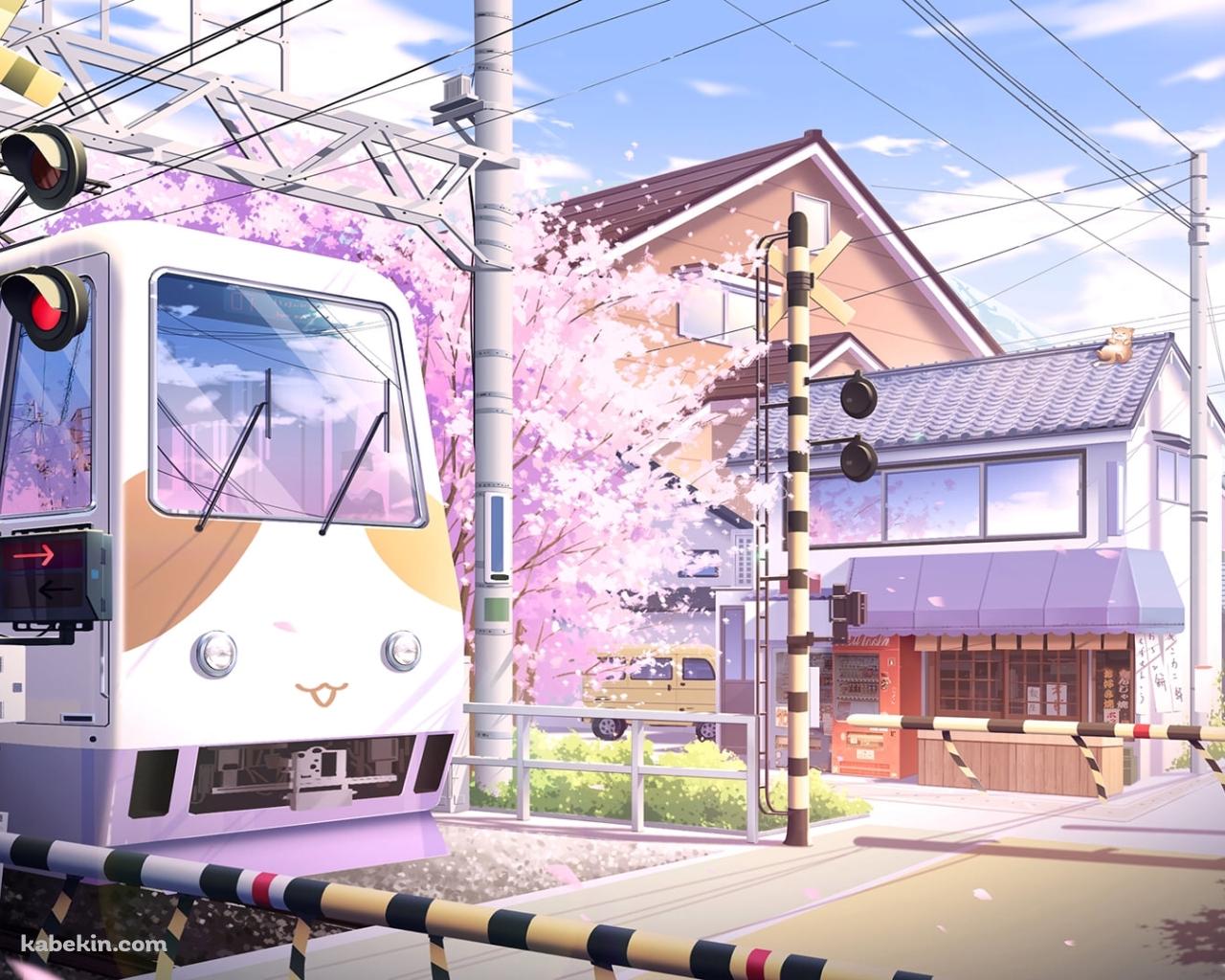 踏切を通過する電車 / 満開の桜 / 街並み / 電柱 / 春の壁紙(1280px x 1024px) 高画質 PC・デスクトップ用