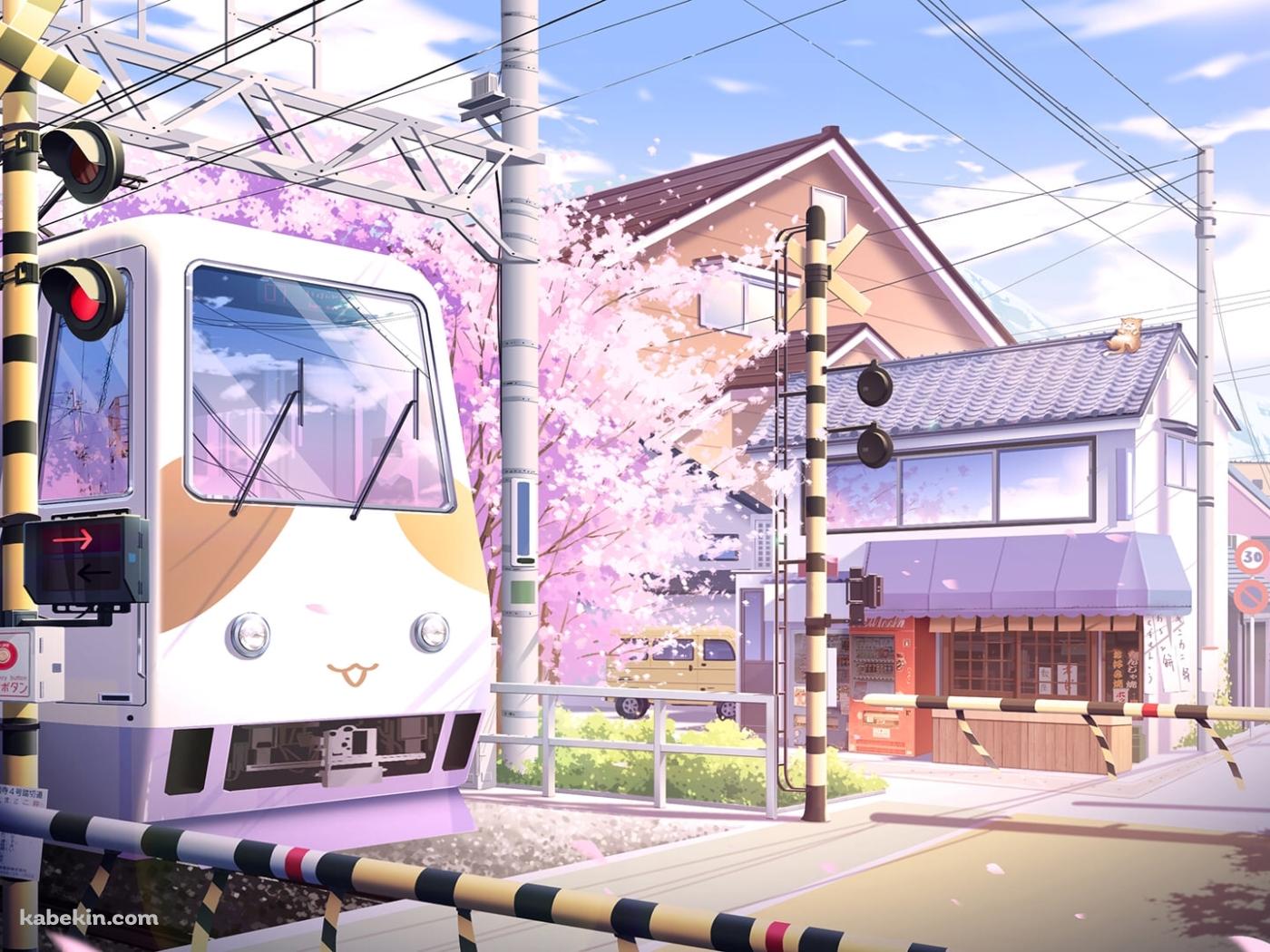 踏切を通過する電車 / 満開の桜 / 街並み / 電柱 / 春の壁紙(1400px x 1050px) 高画質 PC・デスクトップ用