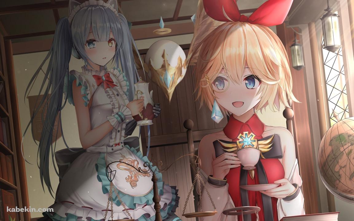 お茶をするアネットとティーポットを持つツインテールのカラ / キンスレ / キングスレイドの壁紙(1152px x 720px) 高画質 PC・デスクトップ用