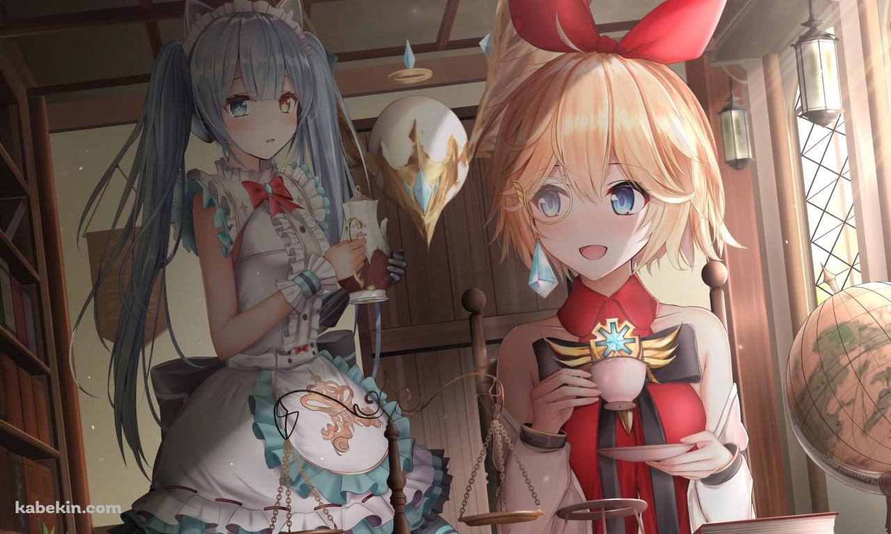 お茶をするアネットとティーポットを持つツインテールのカラ / キンスレ / キングスレイドの壁紙(1280px x 768px) 高画質 PC・デスクトップ用