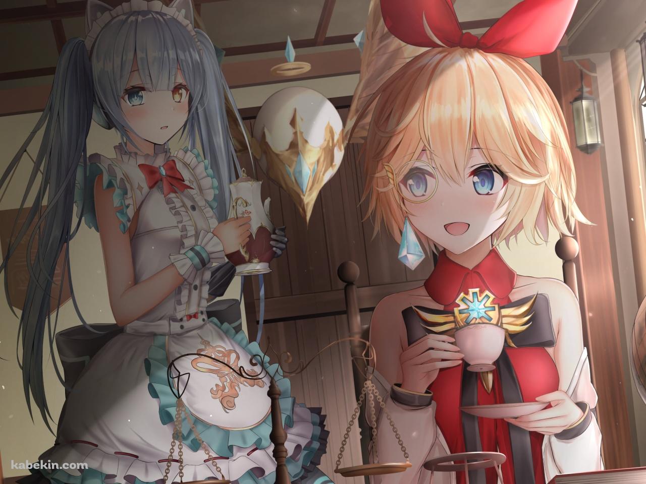 お茶をするアネットとティーポットを持つツインテールのカラ / キンスレ / キングスレイドの壁紙(1280px x 960px) 高画質 PC・デスクトップ用