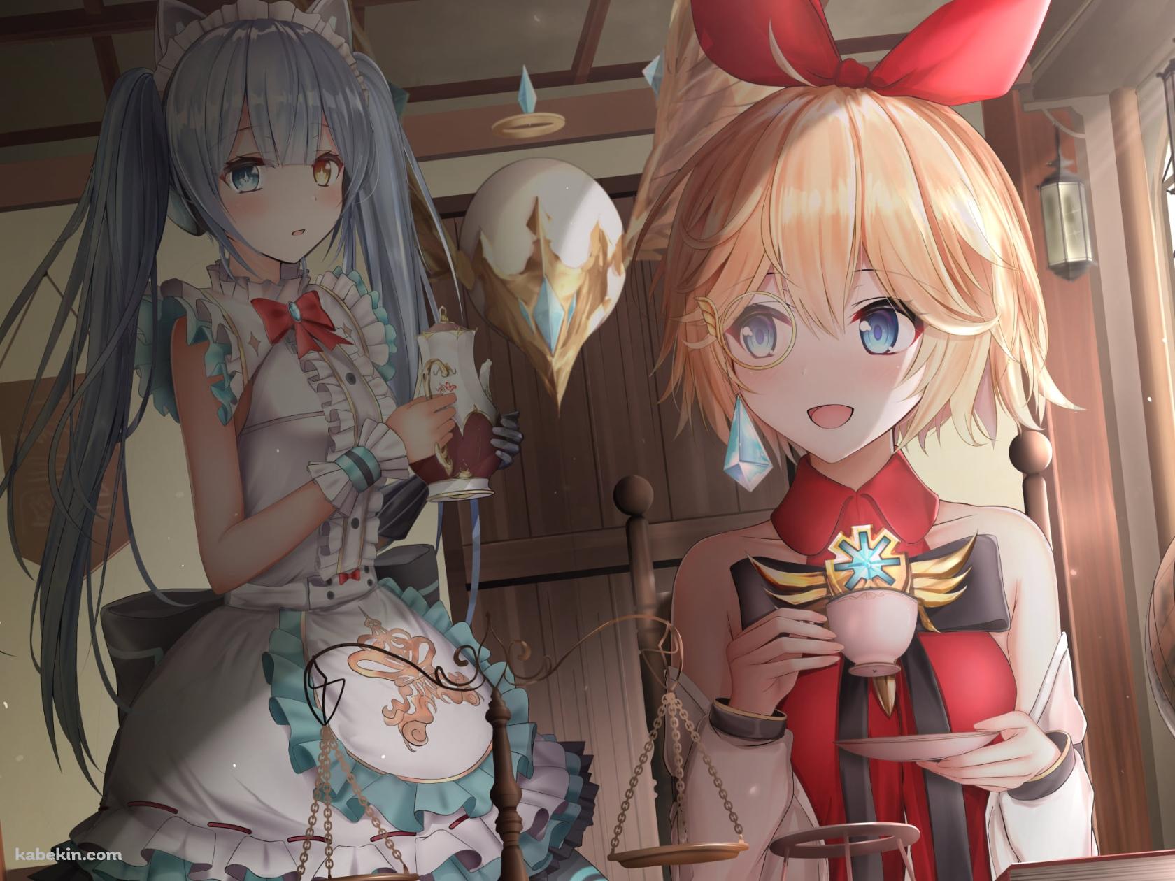 お茶をするアネットとティーポットを持つツインテールのカラ / キンスレ / キングスレイドの壁紙(1680px x 1260px) 高画質 PC・デスクトップ用