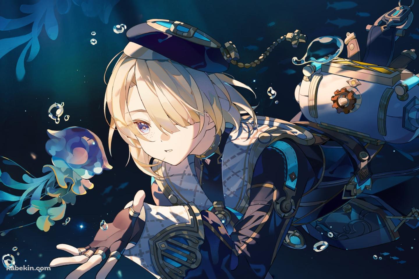海の中でクラゲと戯れるフレミネ / 原神の壁紙(1440px x 960px) 高画質 PC・デスクトップ用