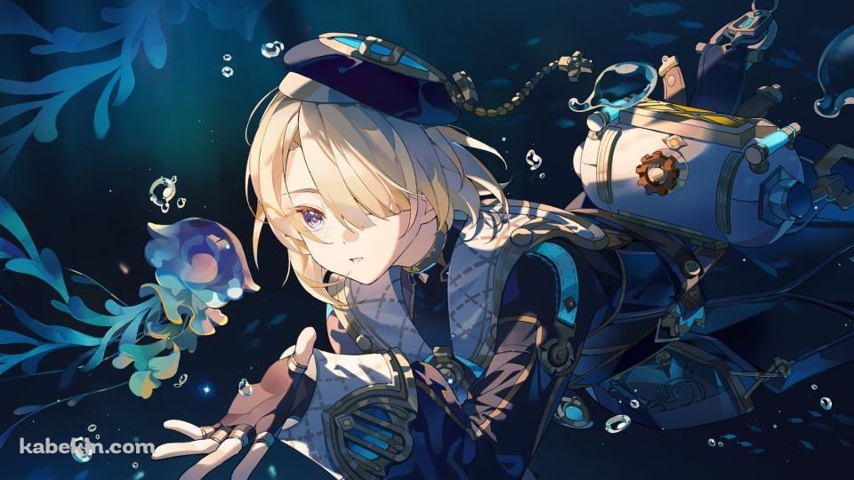 海の中でクラゲと戯れるフレミネ / 原神の壁紙(960px x 540px) 高画質 PC・デスクトップ用