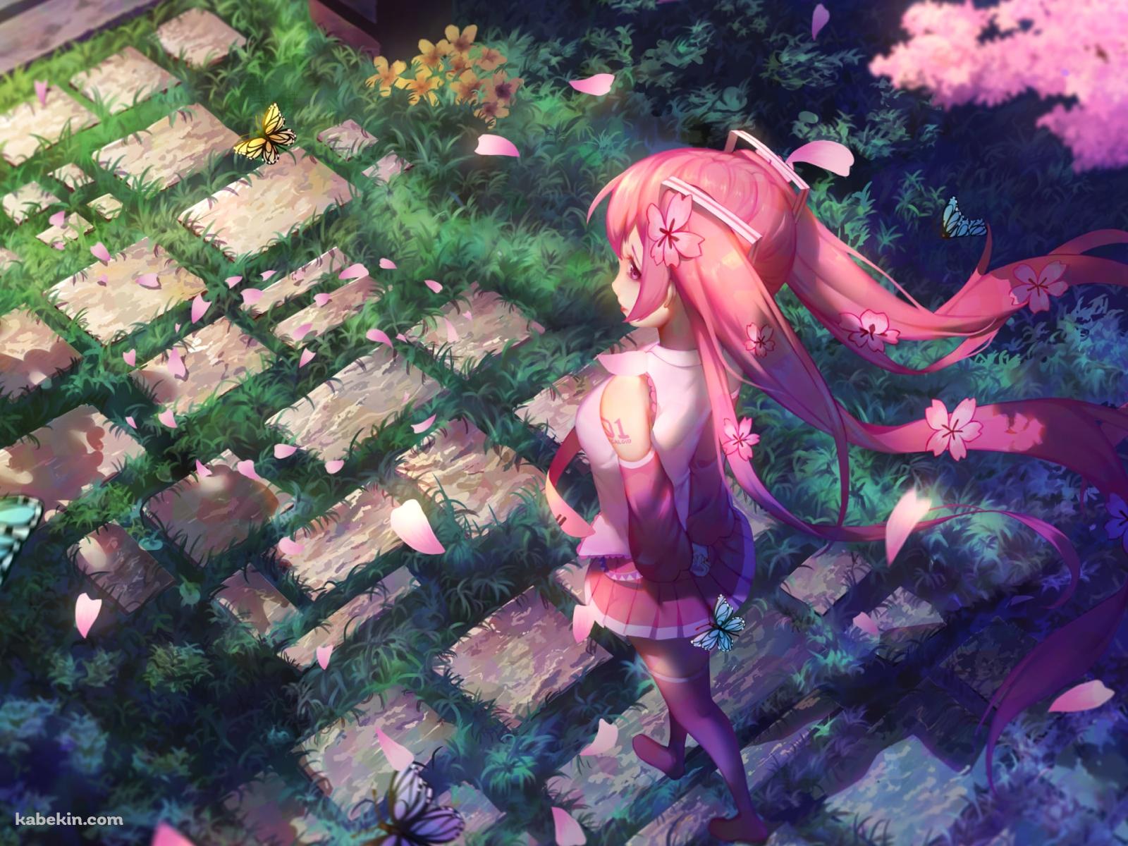 石畳のある庭園を歩く桜ミク / 青い蝶 / 紫の蝶 / ボカロ / ボーカロイドの壁紙(1600px x 1200px) 高画質 PC・デスクトップ用