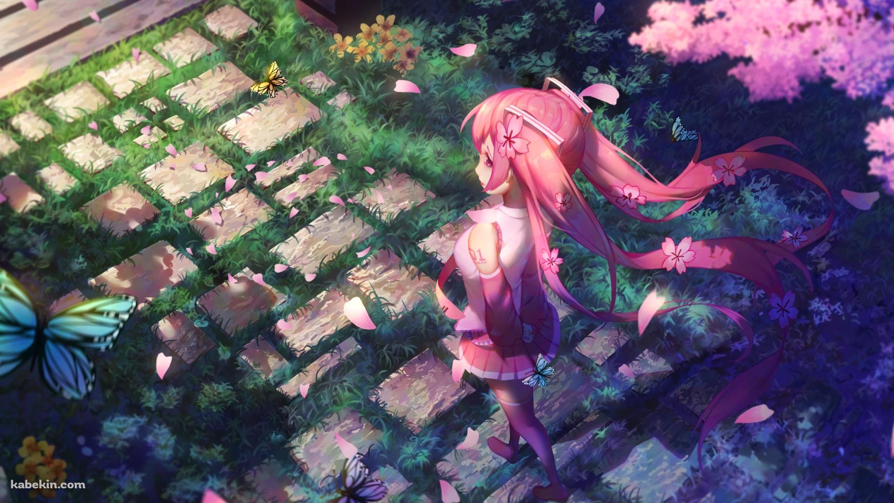 石畳のある庭園を歩く桜ミク / 青い蝶 / 紫の蝶 / ボカロ / ボーカロイドの壁紙(1829px x 1029px) 高画質 PC・デスクトップ用