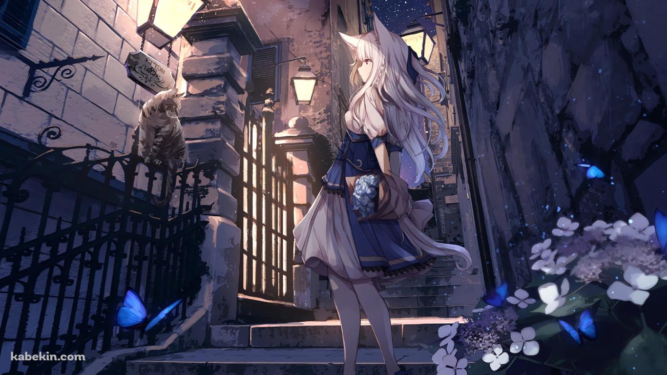 野良猫を見つめる獣耳の少女 / 青い蝶の壁紙(1366px x 768px) 高画質 PC・デスクトップ用