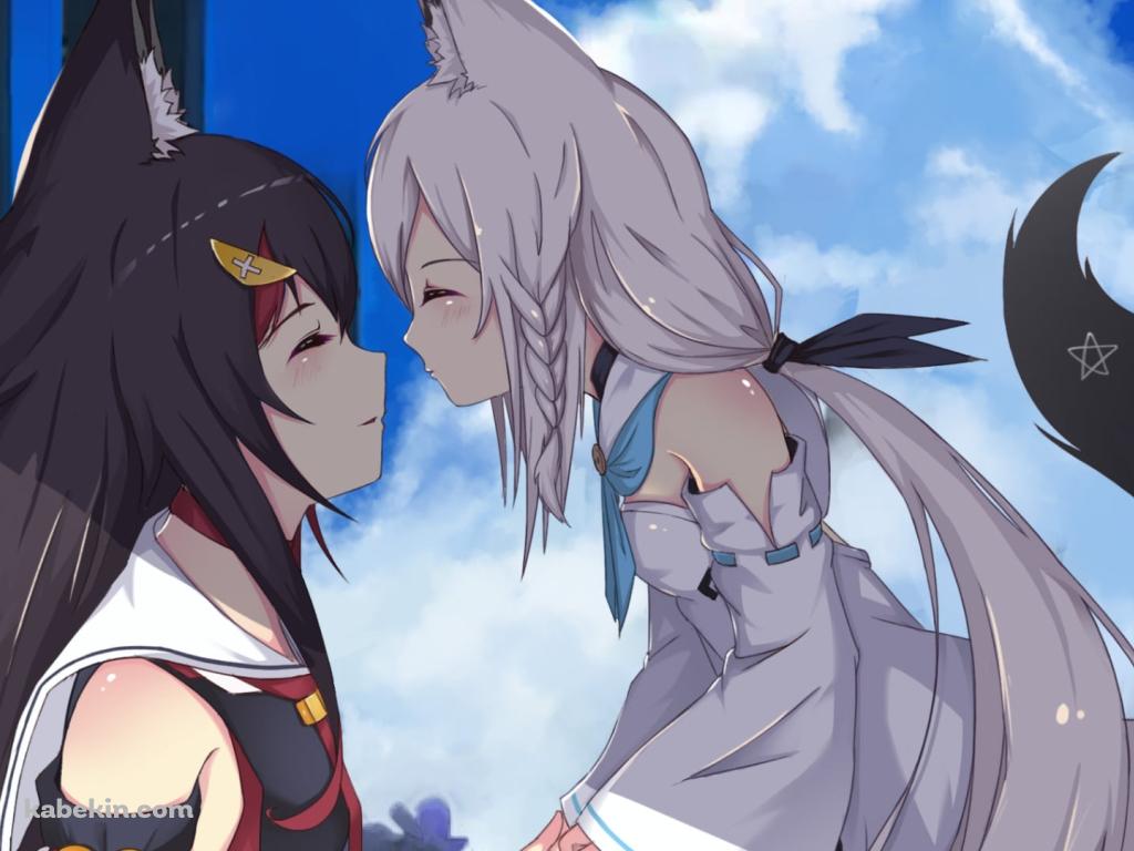 笑顔で顔をあわせる白上フブキ / 大神ミオ / ホロライブ / バーチャルYouTuber / Vtuberの壁紙(1024px x 768px) 高画質 PC・デスクトップ用