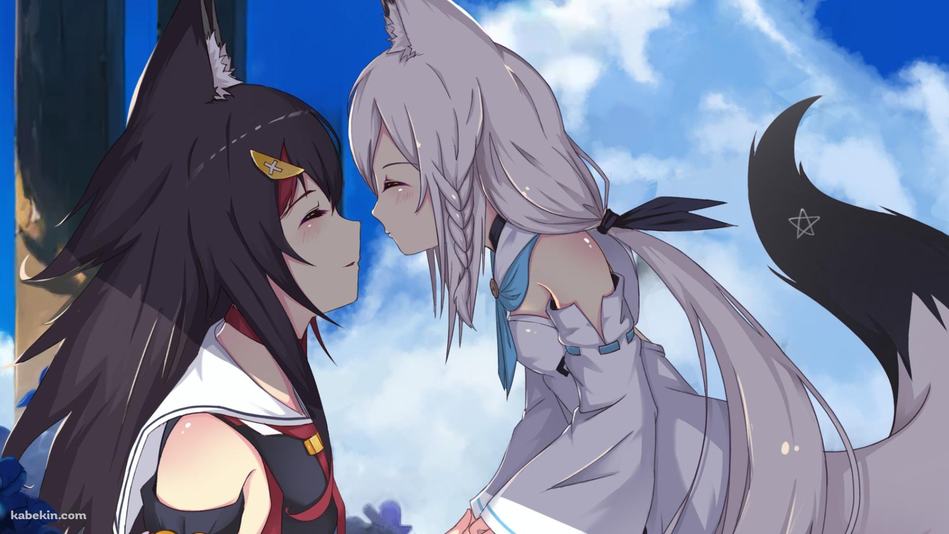 笑顔で顔をあわせる白上フブキ / 大神ミオ / ホロライブ / バーチャルYouTuber / Vtuberの壁紙(1920px x 1080px) 高画質 PC・デスクトップ用