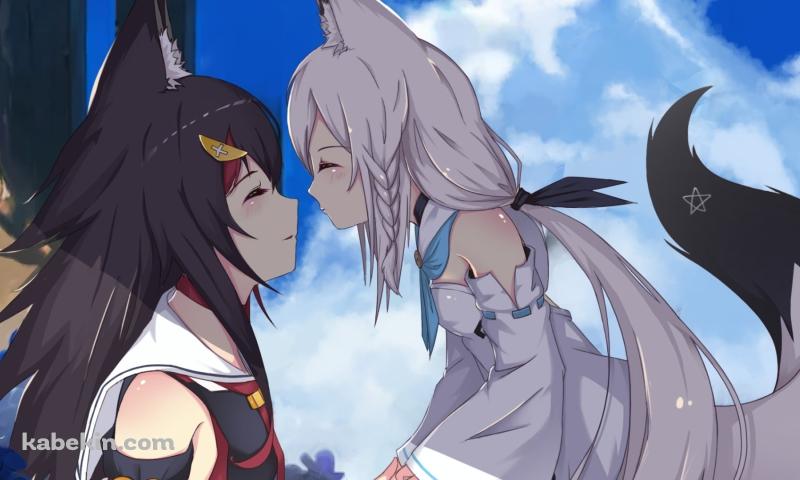 笑顔で顔をあわせる白上フブキ / 大神ミオ / ホロライブ / バーチャルYouTuber / Vtuberの壁紙(800px x 480px) 高画質 PC・デスクトップ用