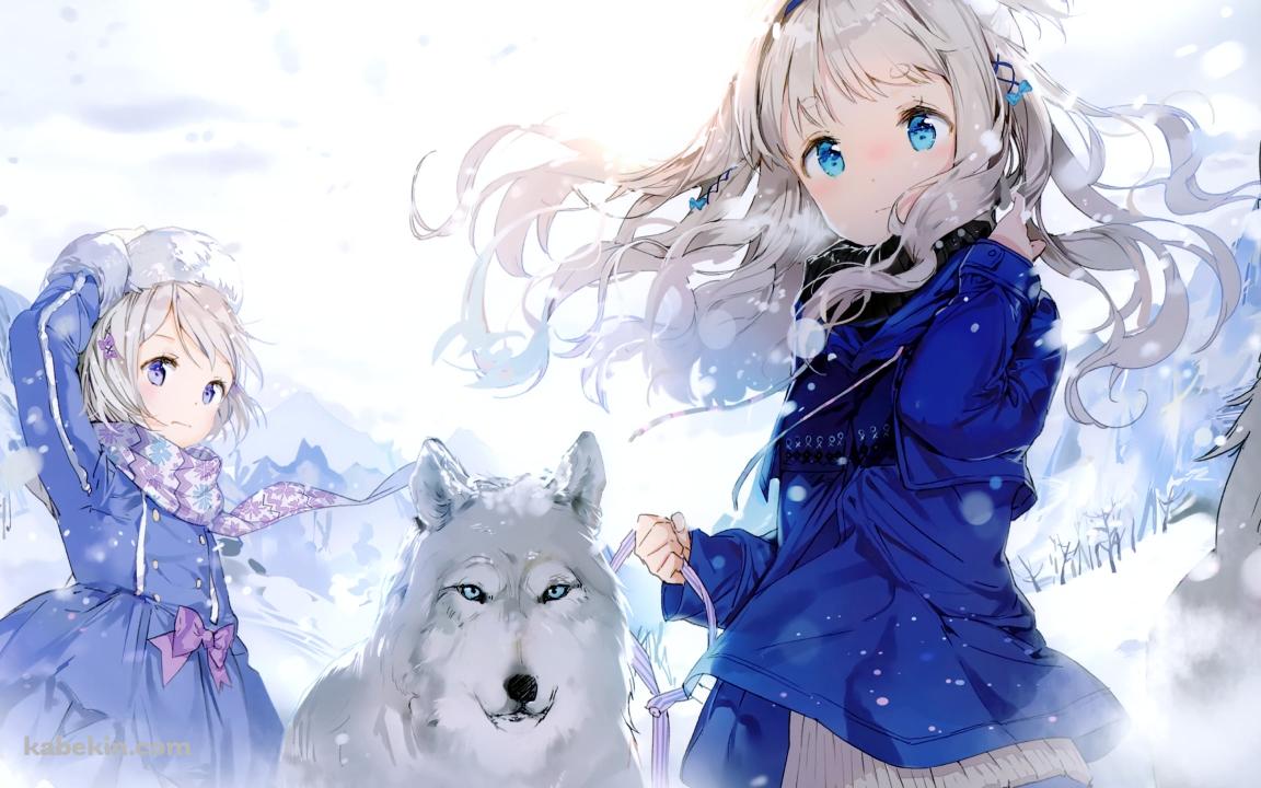 雪の中でこちらを見つめる少女と狼の壁紙(1152px x 720px) 高画質 PC・デスクトップ用