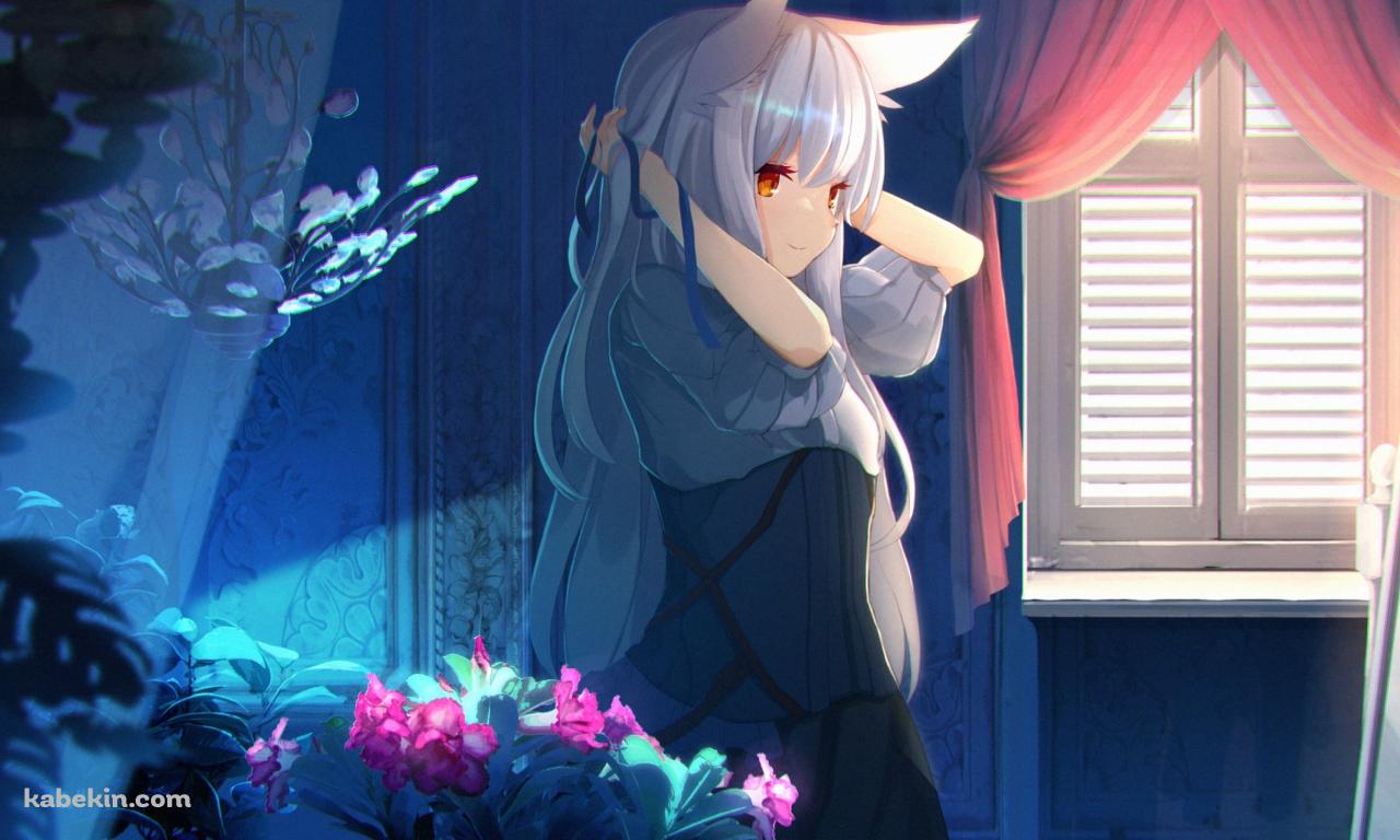 窓際で髪を結わく獣耳の少女の壁紙(1280px x 768px) 高画質 PC・デスクトップ用