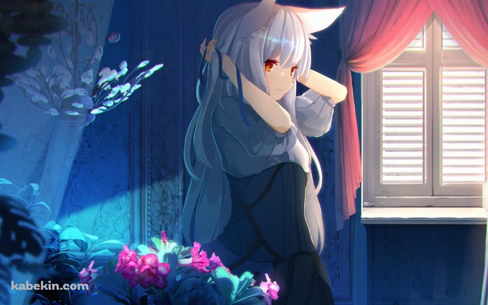 窓際で髪を結わく獣耳の少女の壁紙(960px x 600px) 高画質 PC・デスクトップ用