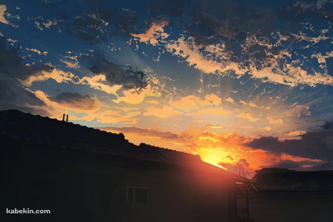 家越しの夕陽の壁紙(1152px x 768px) 高画質 PC・デスクトップ用