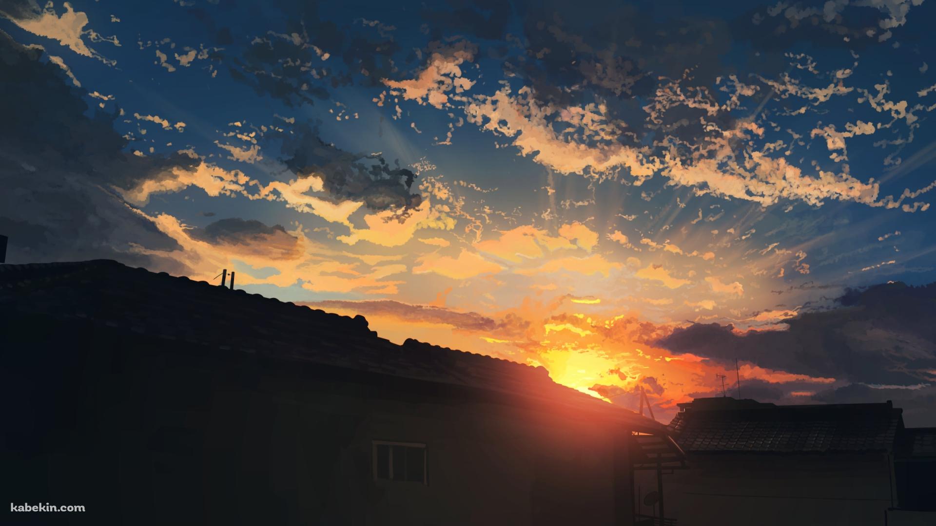 家越しの夕陽の壁紙(1920px x 1080px) 高画質 PC・デスクトップ用