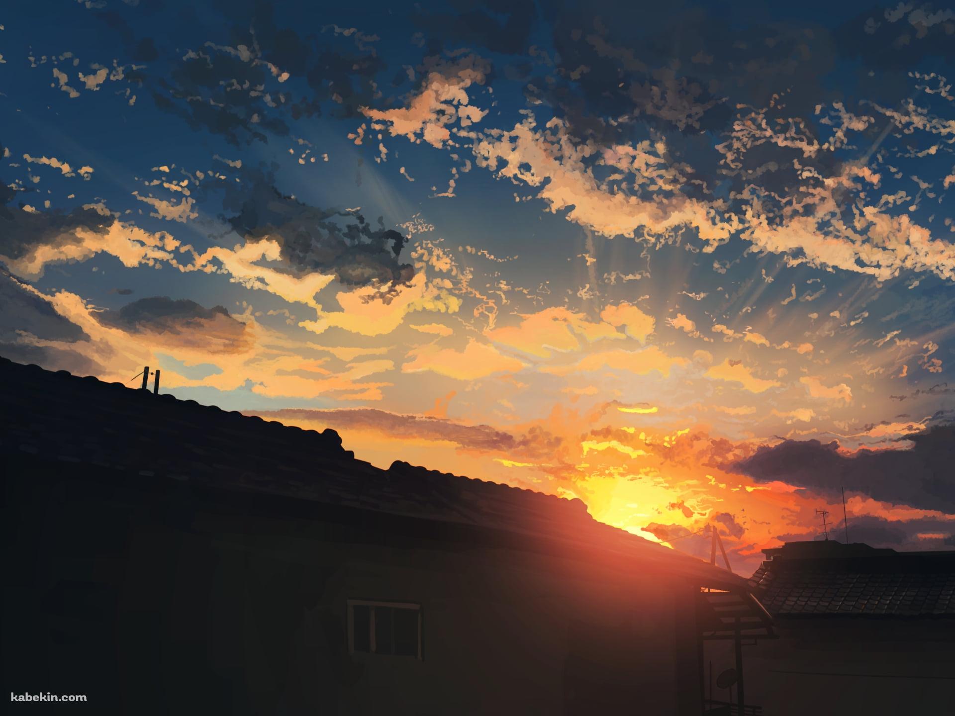家越しの夕陽の壁紙(1920px x 1440px) 高画質 PC・デスクトップ用