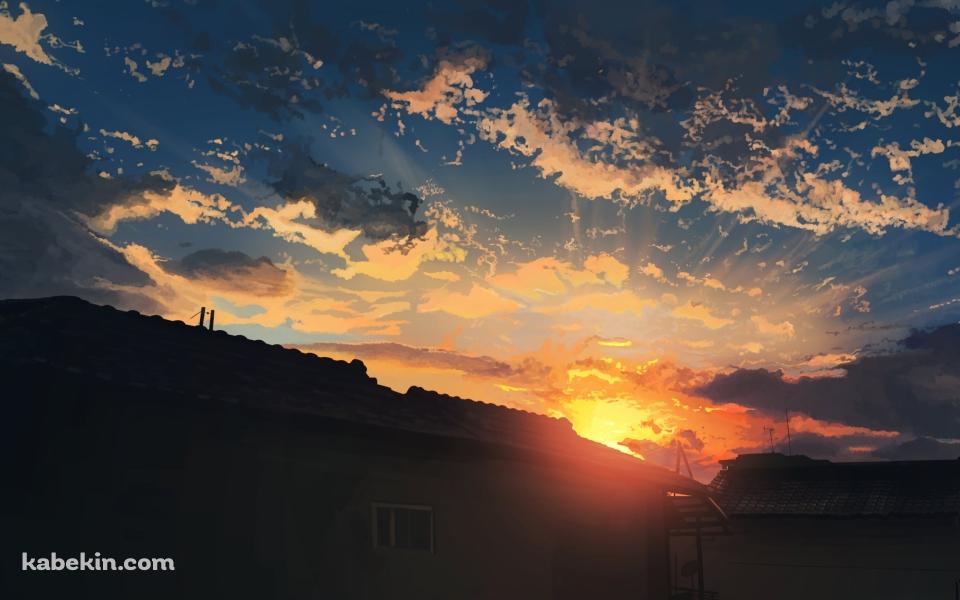 家越しの夕陽の壁紙(960px x 600px) 高画質 PC・デスクトップ用