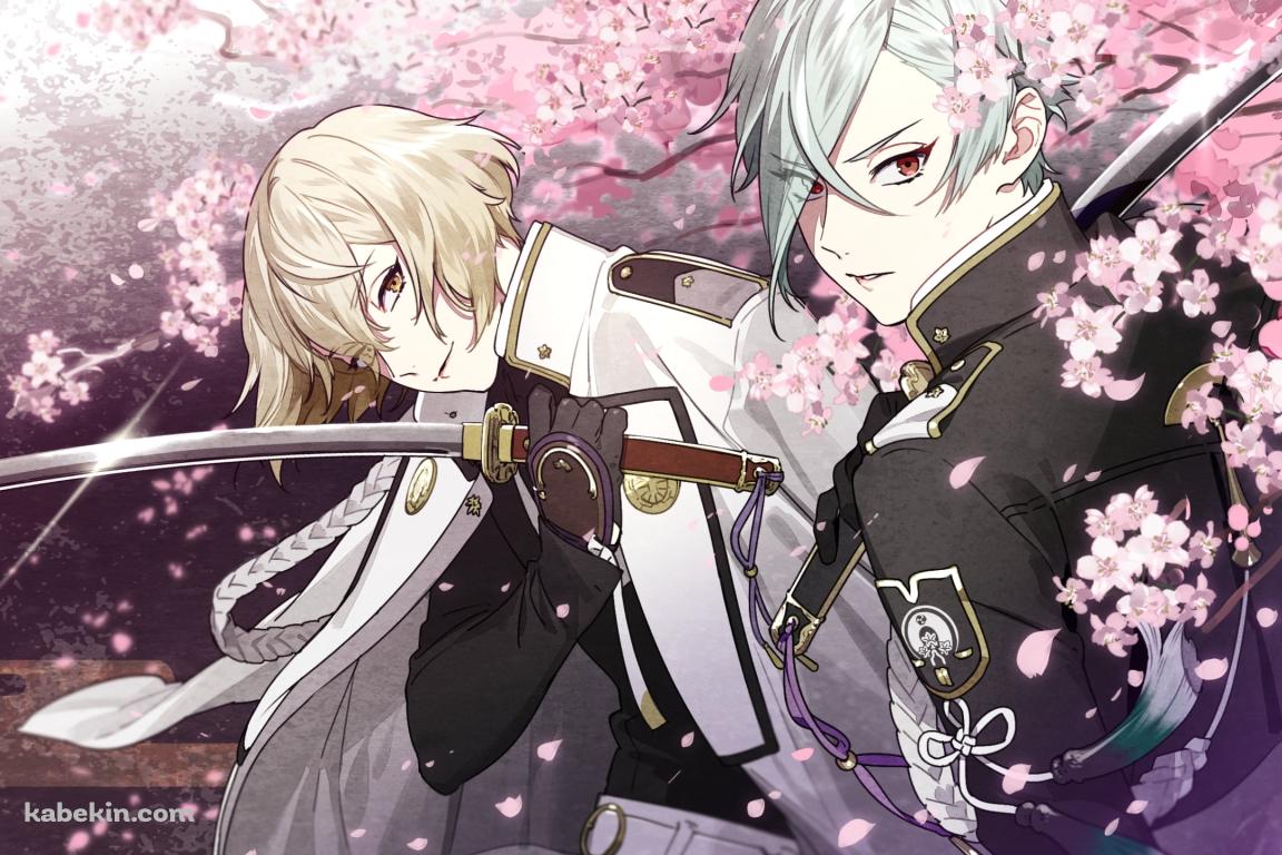 桜と刀を持つ髭切と膝丸 / 刀剣乱舞の壁紙(1152px x 768px) 高画質 PC・デスクトップ用