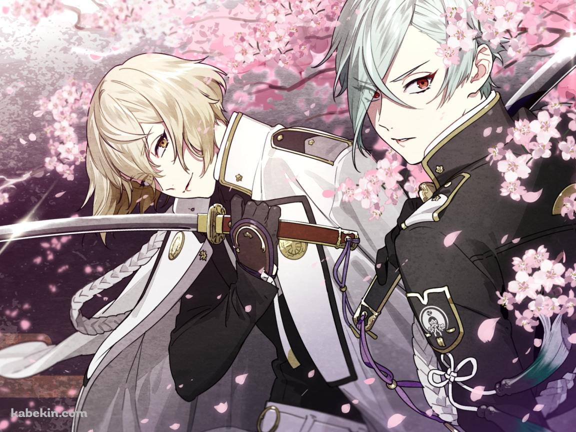 桜と刀を持つ髭切と膝丸 / 刀剣乱舞の壁紙(1152px x 864px) 高画質 PC・デスクトップ用