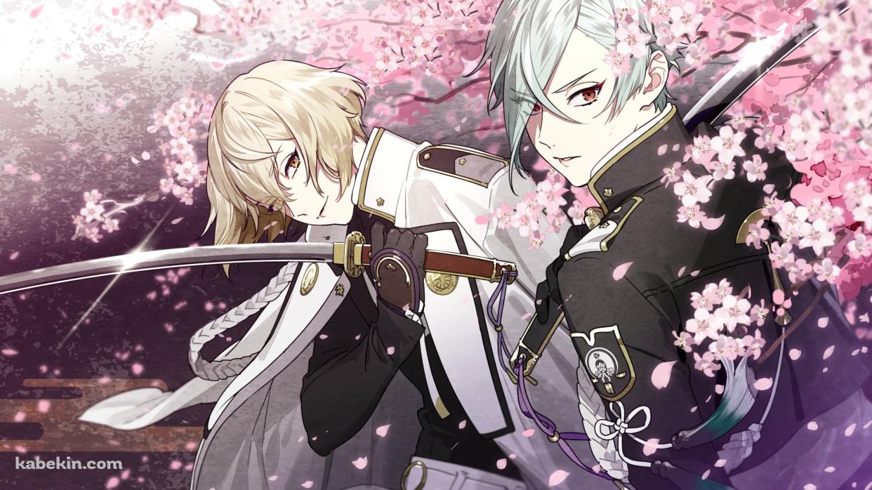 桜と刀を持つ髭切と膝丸 / 刀剣乱舞の壁紙(1242px x 698px) 高画質 PC・デスクトップ用