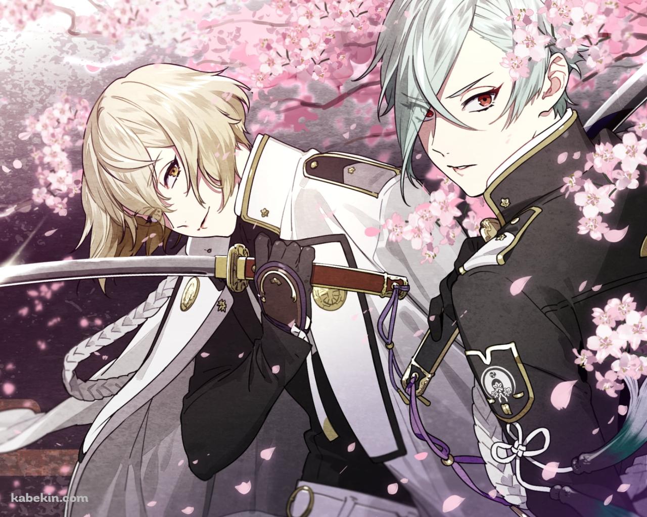 桜と刀を持つ髭切と膝丸 / 刀剣乱舞の壁紙(1280px x 1024px) 高画質 PC・デスクトップ用