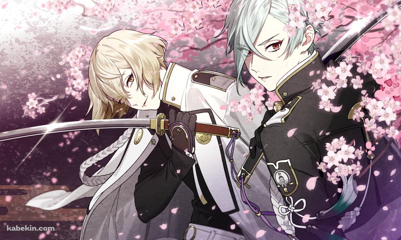 桜と刀を持つ髭切と膝丸 / 刀剣乱舞の壁紙(1280px x 768px) 高画質 PC・デスクトップ用