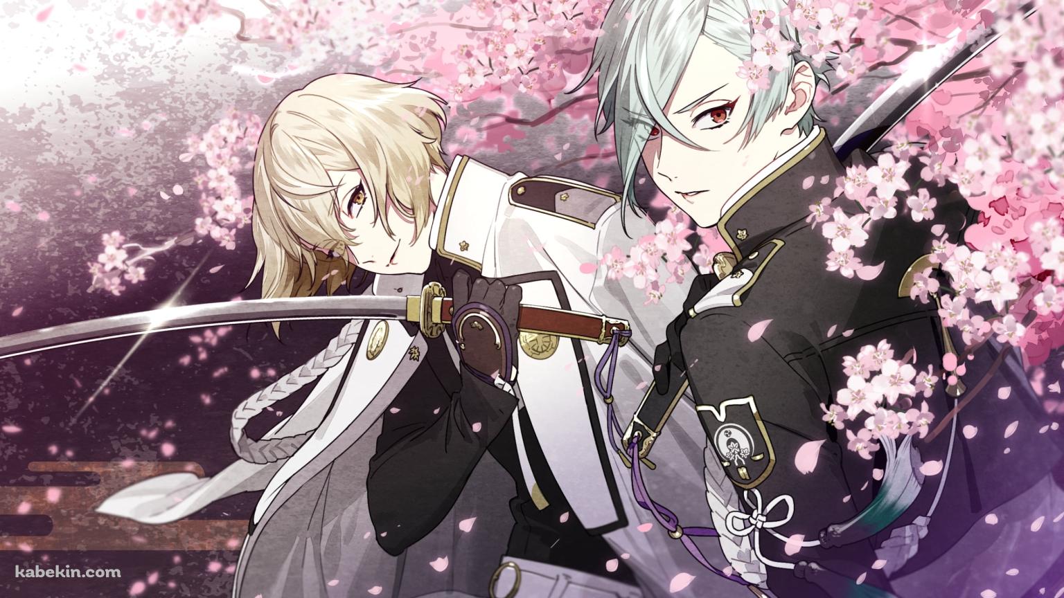 桜と刀を持つ髭切と膝丸 / 刀剣乱舞の壁紙(1536px x 864px) 高画質 PC・デスクトップ用