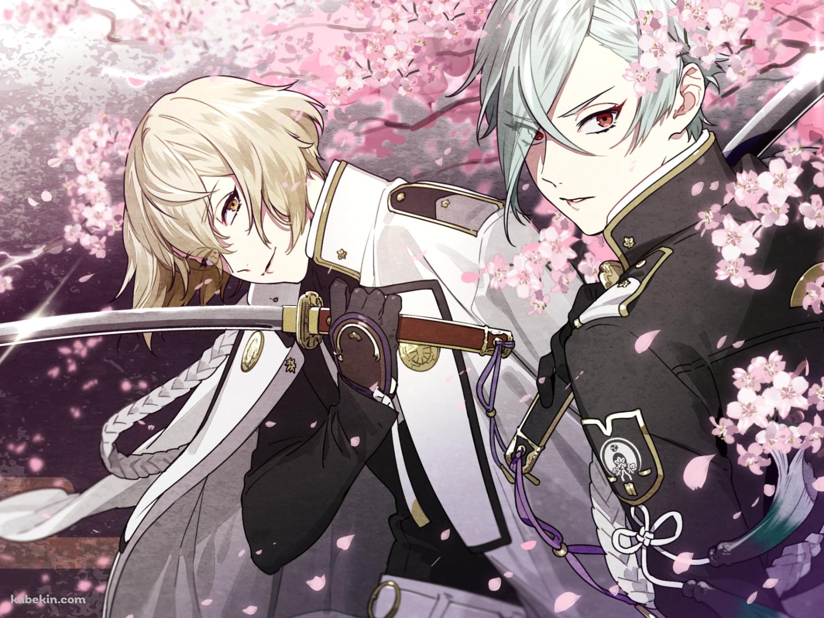 桜と刀を持つ髭切と膝丸 / 刀剣乱舞の壁紙(1680px x 1260px) 高画質 PC・デスクトップ用