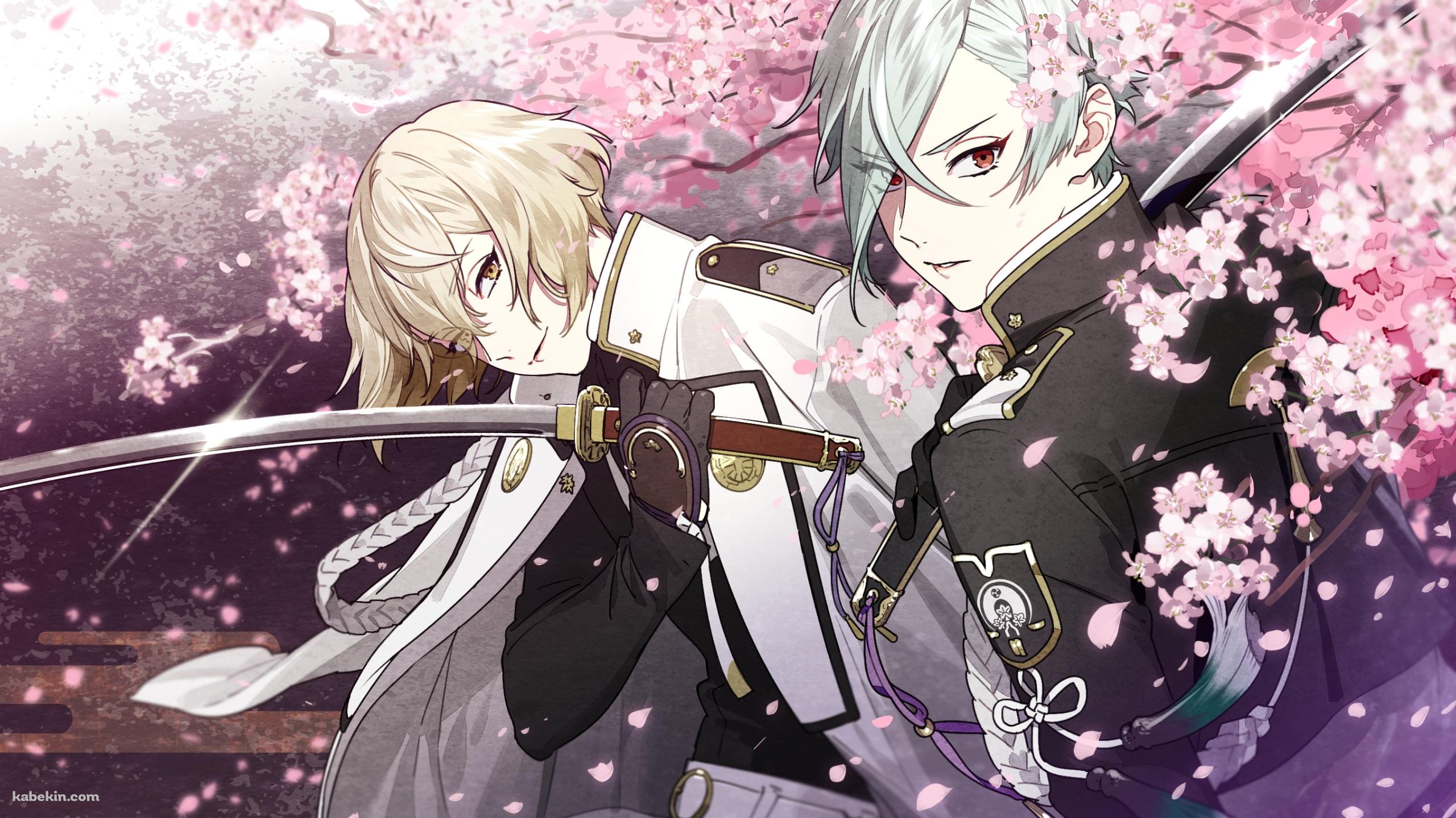 桜と刀を持つ髭切と膝丸 / 刀剣乱舞の壁紙(2560px x 1440px) 高画質 PC・デスクトップ用