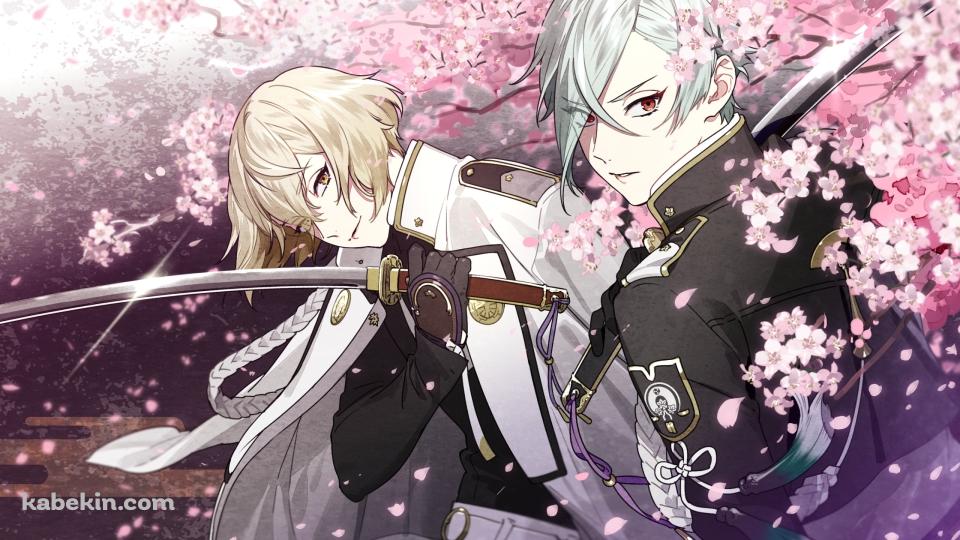 桜と刀を持つ髭切と膝丸 / 刀剣乱舞の壁紙(960px x 540px) 高画質 PC・デスクトップ用