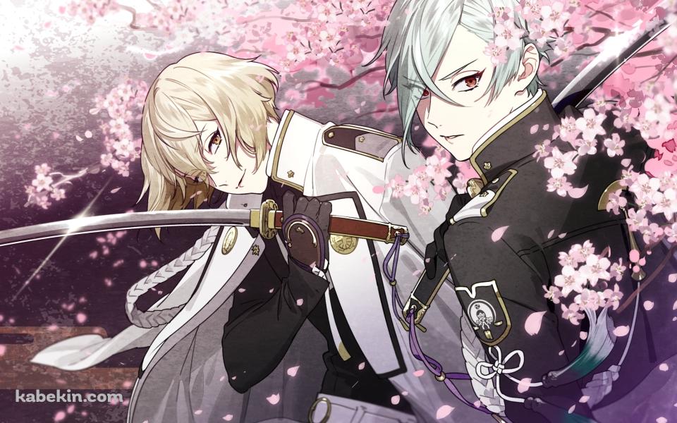 桜と刀を持つ髭切と膝丸 / 刀剣乱舞の壁紙(960px x 600px) 高画質 PC・デスクトップ用