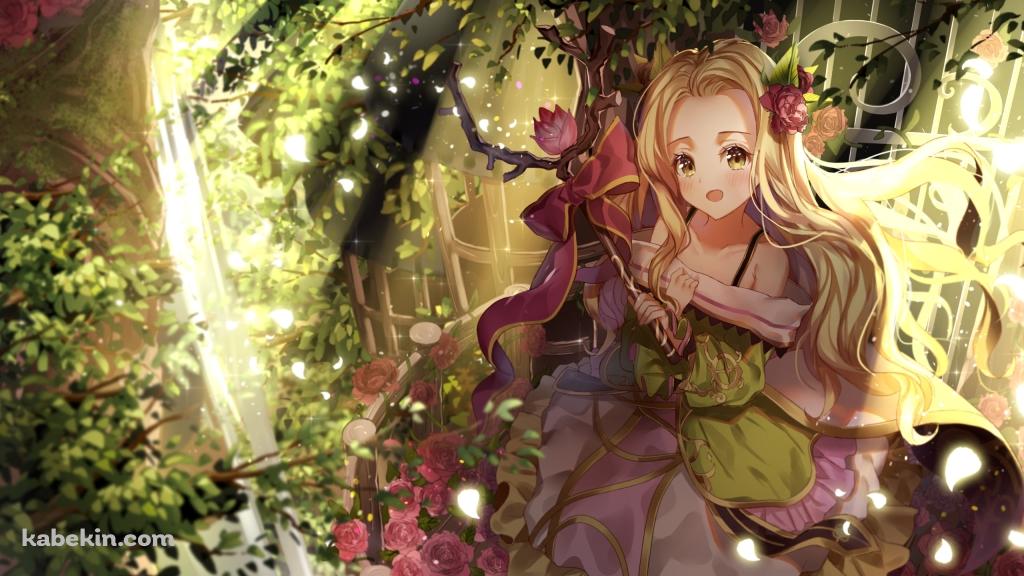 ピンクの花と緑の草木に囲まれた可愛いニーナ / キャラコンRPG / テリアサーガの壁紙(1024px x 576px) 高画質 PC・デスクトップ用