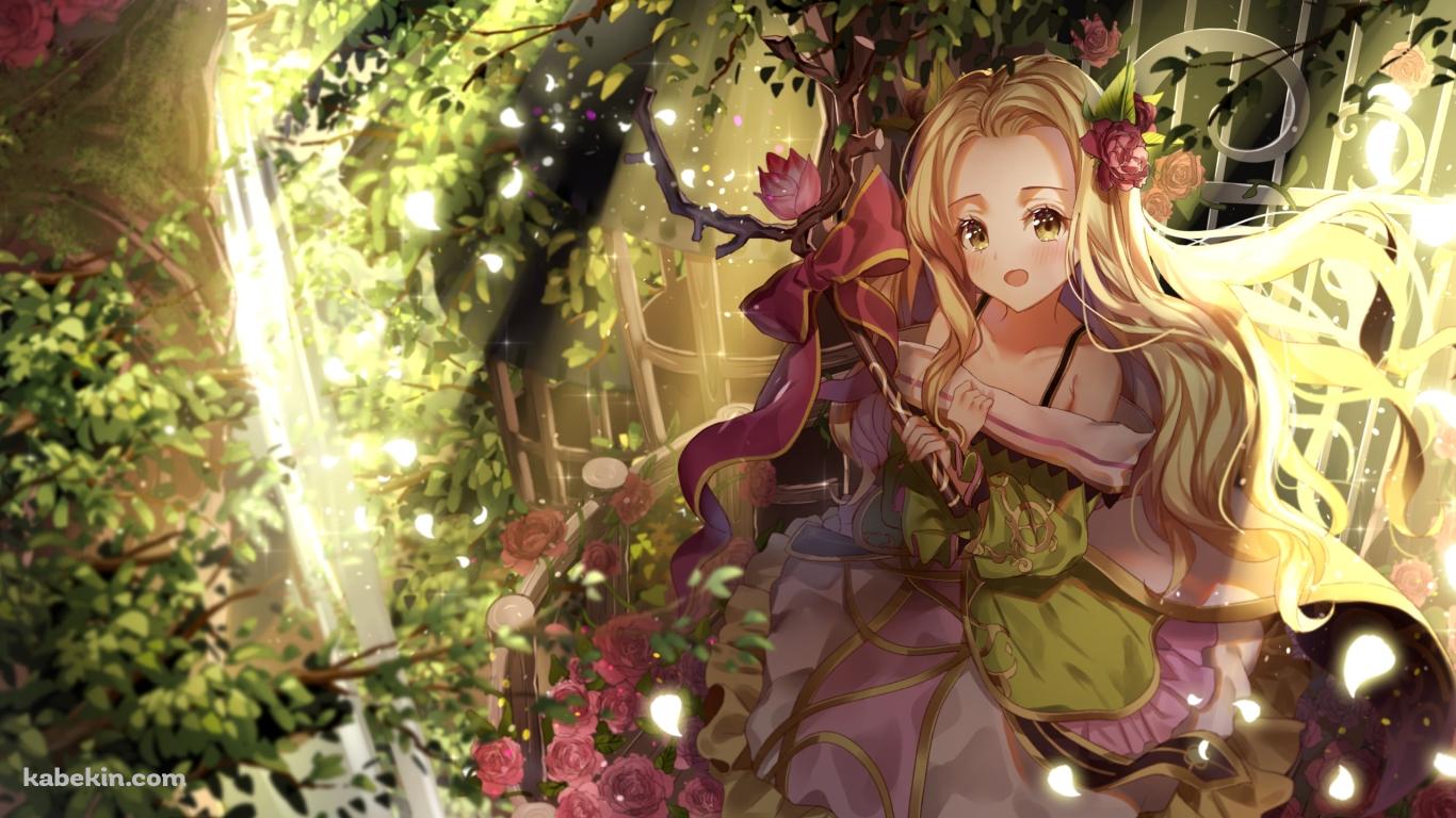 ピンクの花と緑の草木に囲まれた可愛いニーナ / キャラコンRPG / テリアサーガの壁紙(1366px x 768px) 高画質 PC・デスクトップ用